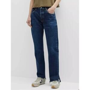 Moussy Vintage Inkster Straight Leg Jeans Dark Wash Slit Fray Hem 25‎